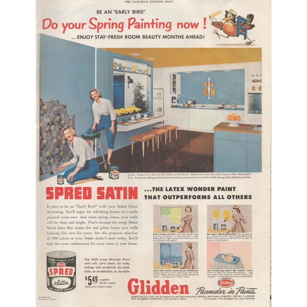 1955‎ Glidden Spred Satin Vintage Print Ad Mid Century Kitchen Spring Painting